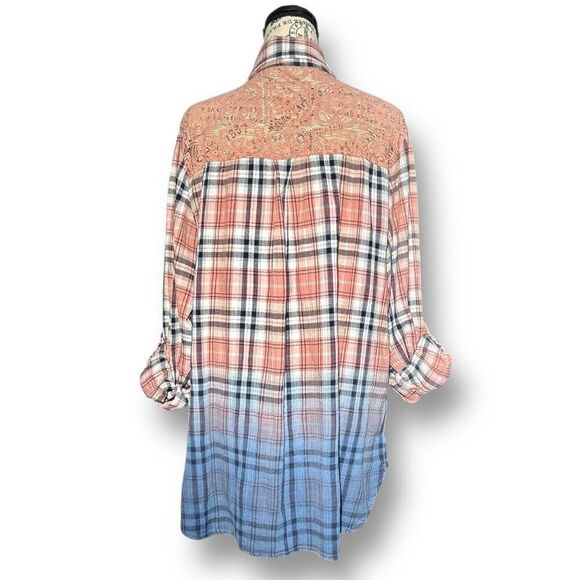 Vintage America Blues XL Plaid Fade Roll Tab Sleeves Back Lace Top Boho Western - Picture 4 of 9
